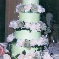 First Wedding Cake Bride wanted green and ivory cake to match her dress. Cake is BC with silk flowers. Cake wasn't tilted the photographer was LOL!