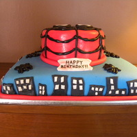 Spiderman Cake Bottom layer is chocolate cake with peanut butter buttercream and marshmallow fondant; Top layer is vanilla with raspberry buttercream and...