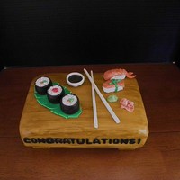 Sushi Cake Made this for my daughter to celebrate her new job! Everything on top of the cake is edible and made with gumpaste. TFL :-)