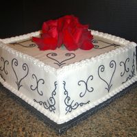 Rehearsal Dinner Cake Made this cake for my SIL's rehearsal dinner. Iced in buttercream with buttercream piping. Fresh roses on top. TFL!