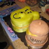 Winnie The Pooh more of my nephews cake.. all fondant air brushed winnie, hunny jar is all cake with colored fondant. chocolate cake with chocolate bc. the...