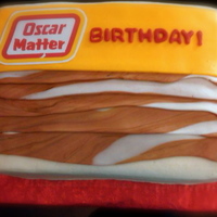 Bacon Cake for a friend that loves bacon. 9x13 WASC cake covered with buttercream and fondant accents.