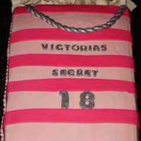 Victoria's Secret 12X18 WASC cake. Iced in light pink buttercream. Fondant letters, bag handles, tissue, and hot pink stripes.