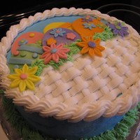Easter Basket Chocolate cake with buttercream icing and basketweave. The eggs and flowers are made of fondant.