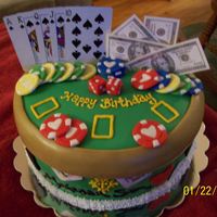 Casino Themed Cake chips and dice made from fondant,cards were real and hot glued on to lolly-pop sticks- money was laminated play money...