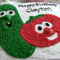 Veggie Tales When my son was 3 he loved veggie tales. I took an image of bob and larry from the veggies tales and traced it on the cake then used the...