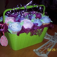 My First Cupcake Bouquet I'm trying out different containers & this one seems to work. I used colored plastic wrap to fill the spaces in between. Please, I...
