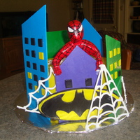 Spiderman Batman Cake This was a cake for a 3 year old boy who requested a Spiderman and Batman cake. The webs were made from royal icing which I do NOT...