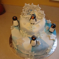 Penguin Cake The bottom layer cake is Lemon Pound cake covered with Wilton Fondant. The top layer is Red Velvet covered with Wilton Fondant. The icing...