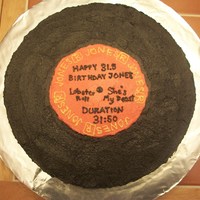 Record Player Birthday Cake Buttercream frosting. Black frosting is chocolate with black coloring. Tip 1 used for writing. Used a plastic knife to create the ridges.