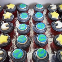 Outer Space Cupcakes Earth, moon, and star sugar cookie toppers. For an "Outer Space" themed Vacation Bible School.