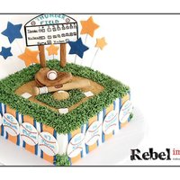 Baseball Cake 3 layer cake covered in fondant. Baseball glove & bat made out of fondant. Scoreboard is also fondant.