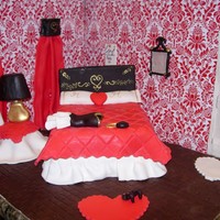 Before The Date Bedroom scene before the Valentine's dinner date. Bed and side table are cake with fondant quilt and table topper . The lamp and vase...