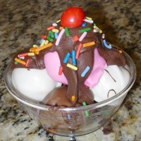 Cake Truffle Sundae cake truffles- strawberry ,vanilla and chocolate covered in chocolate, candy sprinkles and a red peanut m&m "cherry".