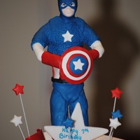 Captain America Wire frame with modeling choc, then covered in gumpaste. I used a push mold to do his face. Used tip # 4 to make the "scales" on...