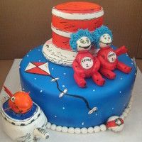 Cat In The Hat 10in vanilla, 2-4in stacked covered in BC and MMF. Airbrushed. Teapot is RKT. All other accents are fondant and gumpaste. Thanks for...