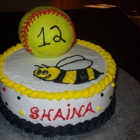 Softball Birthday Cake Rice Krispie Treat Softball covered in Fondant, Buttercream Frosting with a Tie Dyed cake