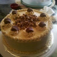 Peanut Butter Cake Peanut butter cake with a peanut butter buttercream icing and reeses pieces on top.