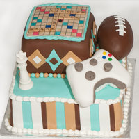 Favorite Games B'day Cake Birthday cake for a 15 year old boy who loves Scrabble, chess, football, and Xbox.