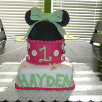 Hayden's Minnie Mouse Cake Bottom is vanilla cake with MMF covering and letters for the name with light pink daisies randomly around the sides. The middle is...