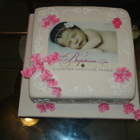 Baptism Cake edible image cake, covered in fondant, royal icing scrolls and pink gumpaste hydrangeas