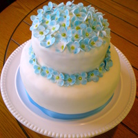 Hydrangea Wedding Cake Vanilla cake with buttercream frosting and fresh strawberries in the filling. Covered in homemade MMF and adorned with gumpaste hydrangeas...