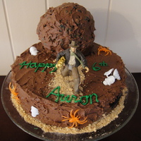 Indiana Jones My son loves Indiana Jones, so I did a 9" strawberry cake with chocolate buttercream for him. I used little skull, spider and bat...
