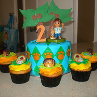 Go Diego Go MY sons 2nd bday cake. Iced in buttercream decorated in fondant. Small 6 inch cake with 50 cupcakes.