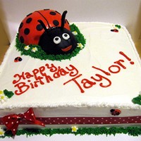 Square Ladybug Cake! This lady bug cake is a 10" square vanilla cake with buttercream icing. The tiny ladybugs are MMF, and the big ladybug is vanilla cake...