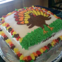 Turkey Cake Chocolate cake with Buttercream frosting, i need to work on my writing, im not sure why i cant do better on it! Happy Thanksgiving everyone...