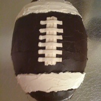 Football homemade chocolate buttercream and white buttercream over a butter cake baked with the football cake pan.