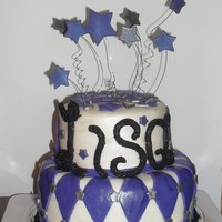 Birthday Surprise This is a white cake with a strawberry filling covered with butter cream frosting and then with fondant. The colors are purple, black and...