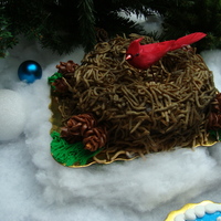 Bird Nest I carved a cake into a birds nest shape, then covered it in cho mein noodles. I then airbrushed it brown. The pinecones, i used a rose tip...