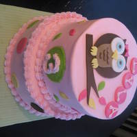 Look Whooooos 3 Lyla's 3rd Birthday Cake. Made to match the invitations. Bottom tier is white cake with strawberry buttercream filling and top tier is...