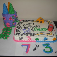 Boy & Girl Combo Cake I was asked to do one cake for a brother (3 years old) and sister (7 years old) and that the girl's favorites were princesses, reading...