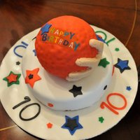 Dodge Ball Cake chocolate cake with chocolate buttercream frosting, covered with fondant.