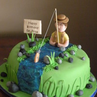 Fly Fishing Cake This cake was a fun cake to do. I used three 12 inch chocolate cakes filled with buttercream and covered in fondant. All of the decorations...