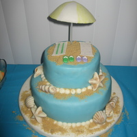 Beach Cake Covered in buttercream fondant and decorated with white chocolate seashells.