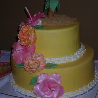 Hawaiian Retirement white cake with vanilla buttercream covered with yellow fondant. The palm tree is all fondant. The flowers are made with sugar and colored...
