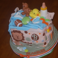 Jungle-Themed Diaper Bag Vanilla/butter cake, buttercream filling, all fondant including 'toys'.