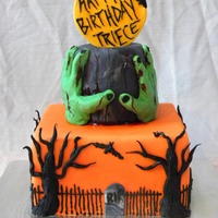 Halloween Birthday Halloween Birthday Cake! Everything is made from fondant or modeling chocolate. The blood is red piping gel.