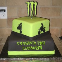 Monster Energy Grad Cake Cake for a High School Grad who loves Monster Energy & Dirt Bikes! 8" & 12" squares, covered in fondant. Dirt Bike...