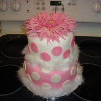 Pink And White Polka Dots This was made for a baby girl's shower! Buttercream covered in mmf with mmf details, a boa, and silk flower.