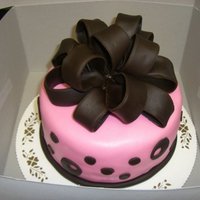 Chocolate Bow 4 layers of white cake and raspberry filling. Bow is made from Satin Ice Dark Chocolate fondant and pink fondant is MMF.