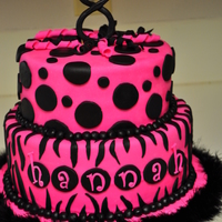Hot Pink And Black Zebra Birthday Cake 10" double layer and 8" double layer vanilla cakes covered with buttercream and MMF. The cake settled some on the right side..and...