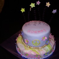 Birthday Cake For 11-Year Old Girl 12-inch layer on bottom, 3 8-inch rounds on top. All fondant and gumpaste.