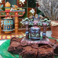 Prayer Wheel Cake A modeling chocolate Prayer wheel on brownie stones
