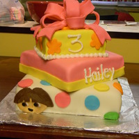 Dora Themed Birthday Cake 3 tier birthday cake for a Dora the Explorer themed birthday party. Covered in fondant (Fondarific). Bow is made of mixture of fondant and...