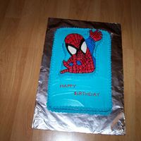 Spiderman Half sheet cake with Spiderman cake on top.