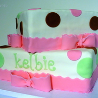 Pink, Green, & Brown Polkda Dot Baby Shower Cake With Bows White cake with buttercream icing. Fondant with fondant accents. http://gabbyrm.blogspot.com/